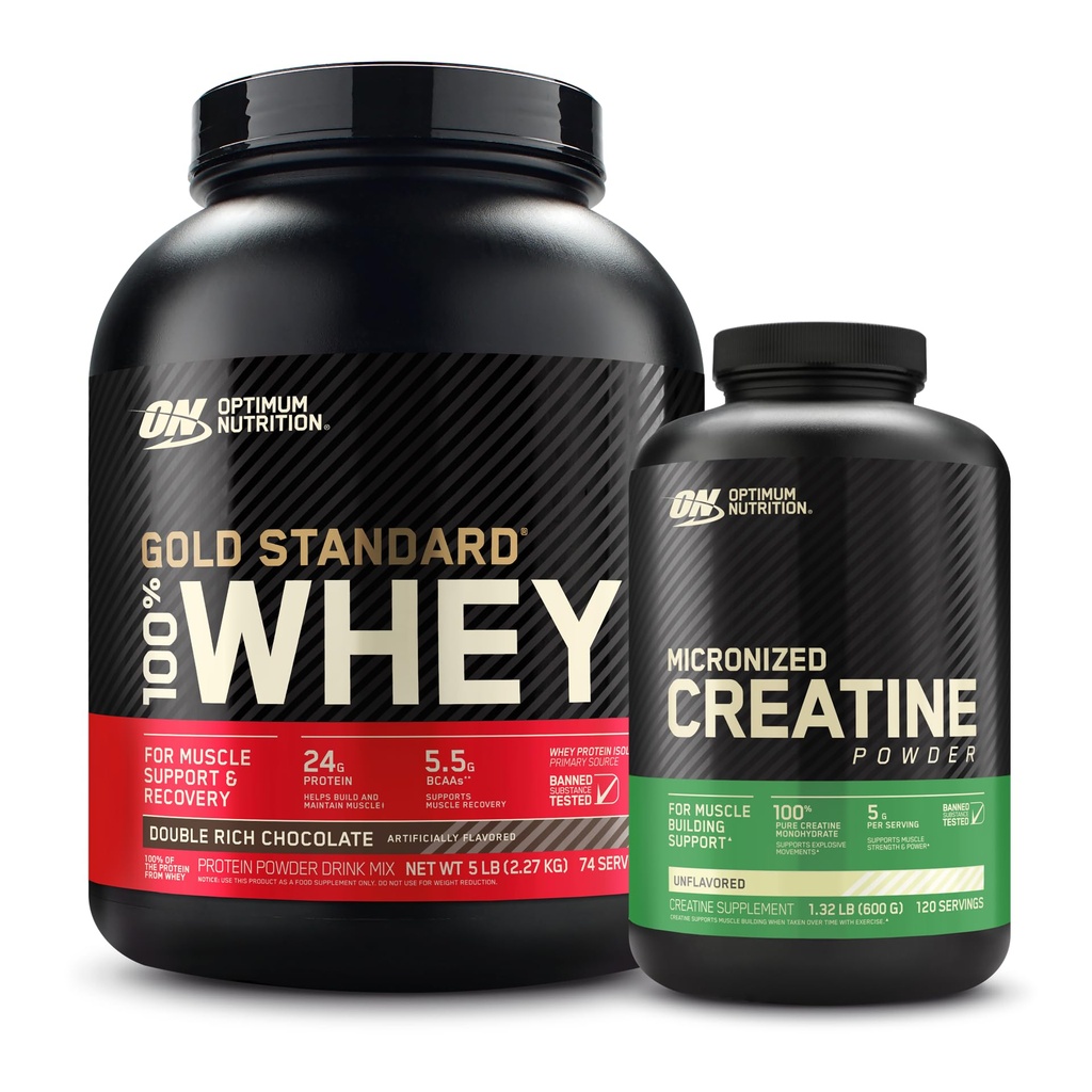 Optimale voeding 100% Gold Standard Wei Proteïne Poeder: Dubbele Rijke Chocolade (5 pond) met Micronized Creatine Monohydraat Poeder, Unflavored (120 porties) - Bundle Pack