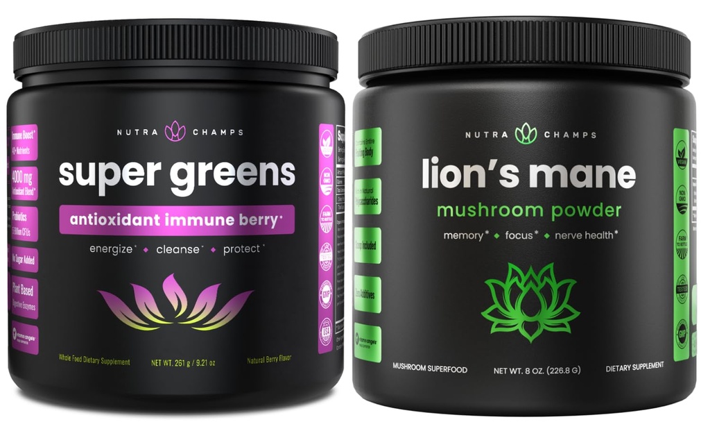 NutraChamps Super Greens Antioxidant & Lion's Mane Powder. Digestieve, Immuniteits- en Adaptogeenondersteuning