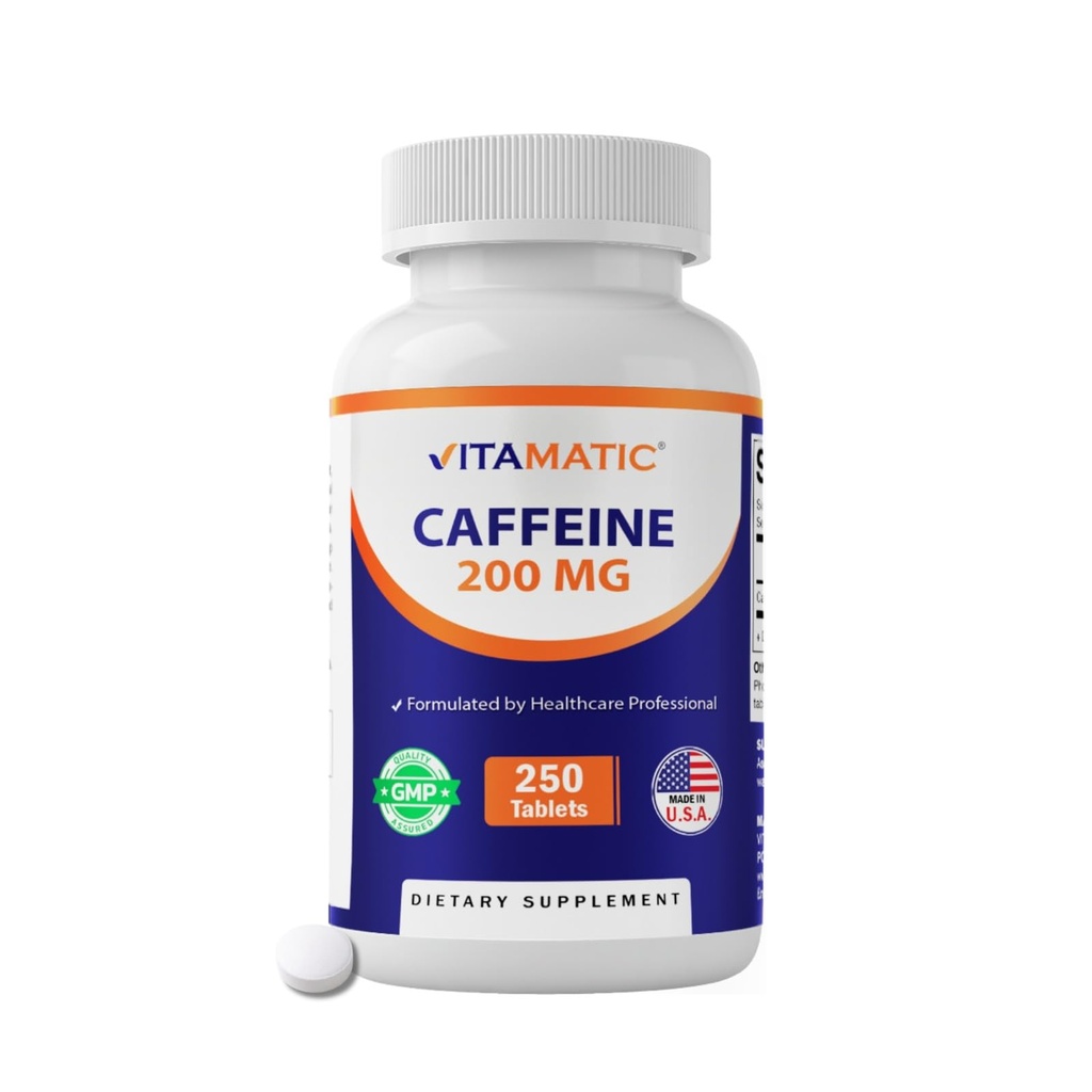 Vitamatic Cafeïne Pillen 200mg per portie, 250 Vegetarische tabletten