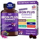 IJzeren Gummies Supplementen voor vrouwen, mannen en kinderen gezondheid Bloed en energie Ondersteuning voor ijzertekort, bloedarmoede, geen na smaak- verse druivensmaak- 100 Gummies (50 dagen levering)