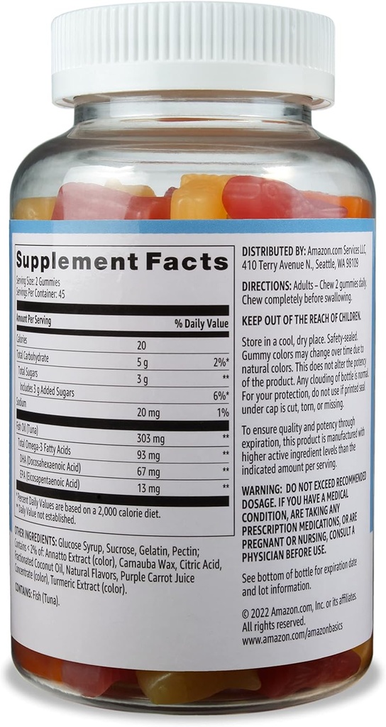 Basis Visolie 303 mg, citroen, sinaasappel- en aardbeien-banaansmaken, 90 Gummies (2 per portie), EPA en DHA Omega-3 vetzuren (voorheen Solimo) (verpakking van 2)
