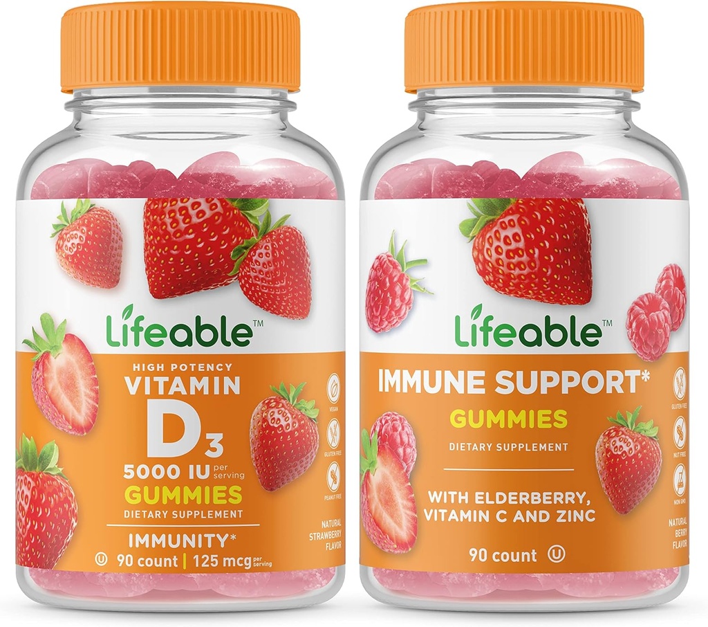 Levensvatbare vitamine D 5000 IE + Immune Support, Gummies Bundle - Grote Proeverij, Vitaminesupplement, Glutenvrij, GGO-vrij, Kauwgom