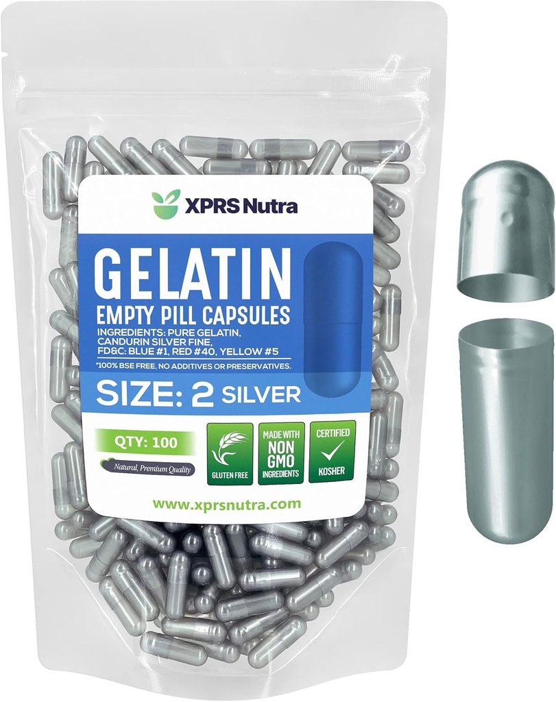 XPRS Nutra Maat 2 Lege Capsules - 100 Telle Lege Gelatine Capsules - Pillen DIY Capsule Vulling - Pure Bovine Pill Gel Caps for Do-It-Yourself Supplements (Zilver)