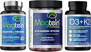 Magtein Magnesium L-Threonate 60 Capsules, Magceutiek Volwassen Gummies 150 Tellen, Vitamine D3 K2 30 Capsules - Bundel