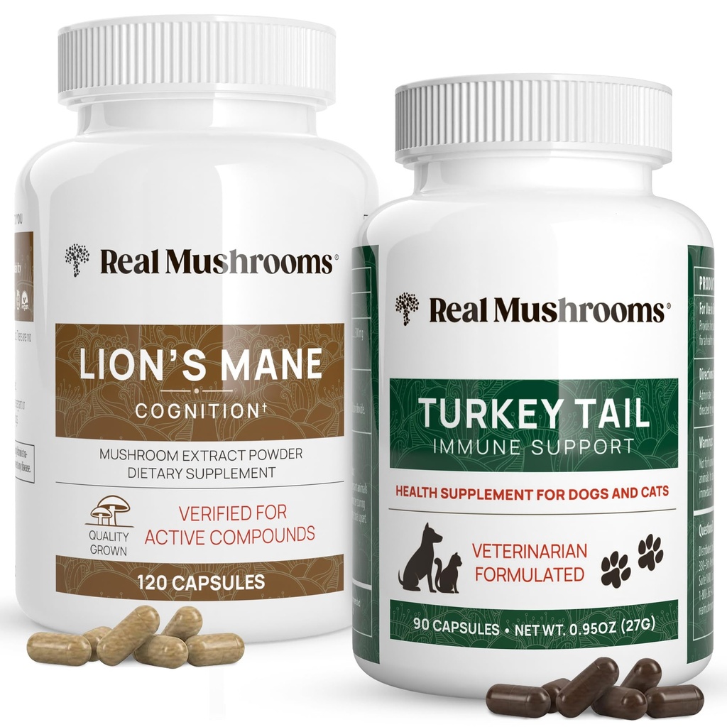 Real Mushrooms Lions Mane for Humans (120ct) & Turkey Tail for Pets (90ct) - Bundle for Cognition and Immunity - Vegan, Non-GMO, Grain-Free, Gluten-Free Mushroom Extract Capsules