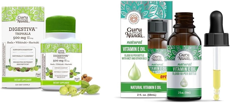 GuruNanda Digestiva Triphala (240 tabletten) & vitamine E olie (2 Fl Oz) - Ondersteunt spijsvertering, helpt bij opgeblazen gevoel en constipatie, dieetsupplement met Amla, Haritaki & Bibhitaki