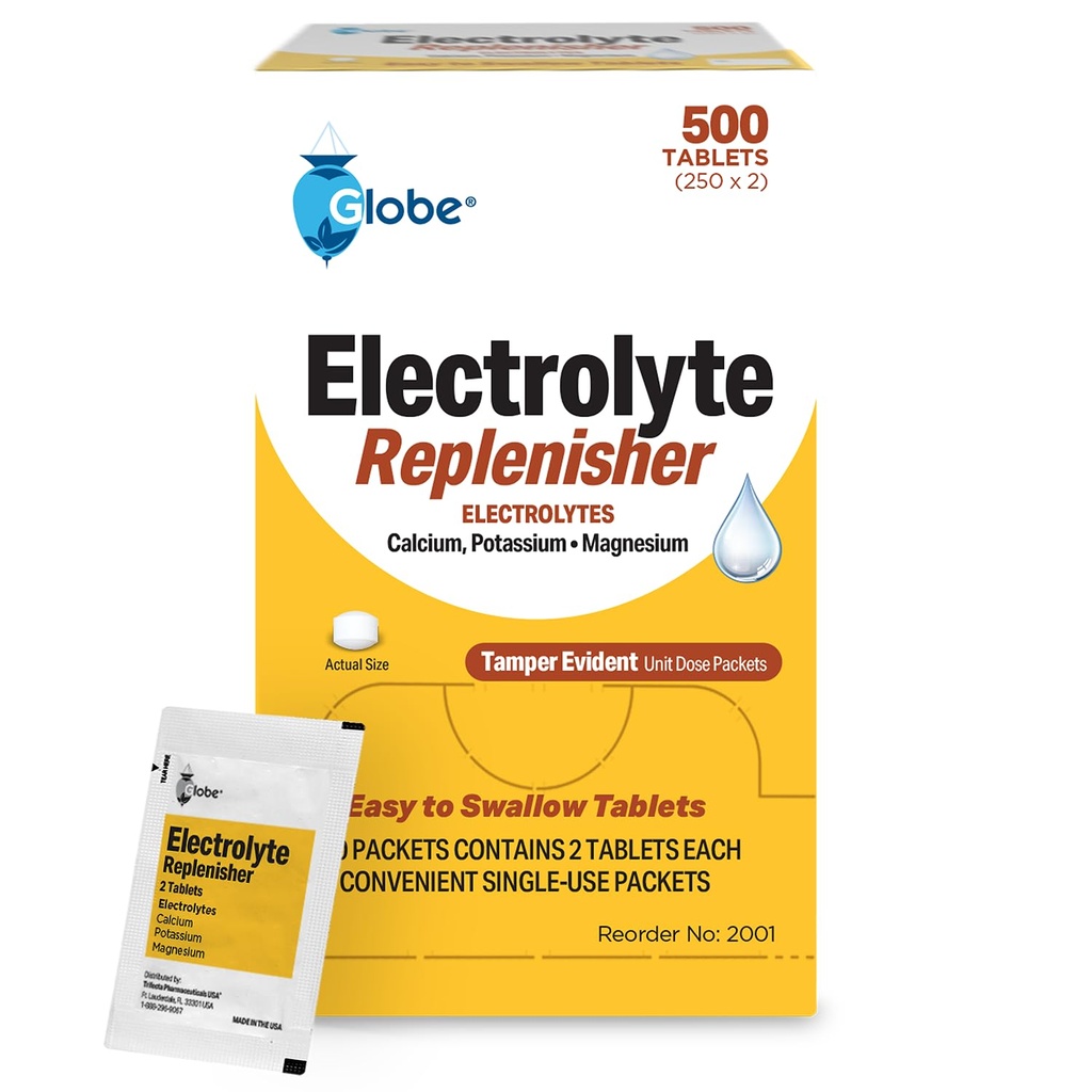 Globe Electrolyte Replacement Tablets for Rapid Hydration & Oefening Recovery (500 Tablets, 250 Packets of 2) voor atleten, wandelen en sporten, Travel Packets with Key Nutrients for Optimal Endurance