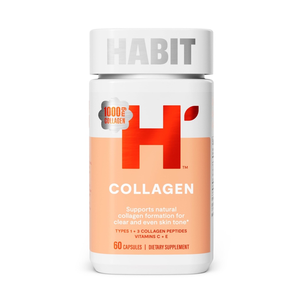 Habit Collagen Supplement (60 Capsules) - New Look, 2000mg Collagen Peptides, Vitamin C & Vitamin E, Skin Health, Antioxidants, Non-GMO, Gluten Free (1 Pack)