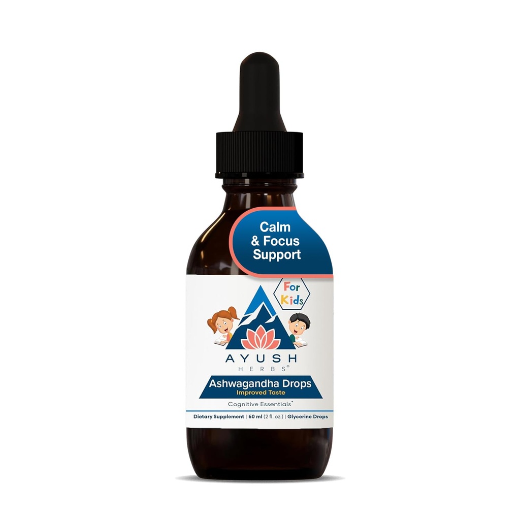 Ayush Kruiden Ashwagandha Drops voor kinderen en volwassenen - Alcoholvrije Ashwagandha Drops, Kalmerend Dagelijks Supplement voor Kalmerende Focus met Biologische Ashwagandha, Citroen Smaak - 2 Fl Oz (80 Servers)