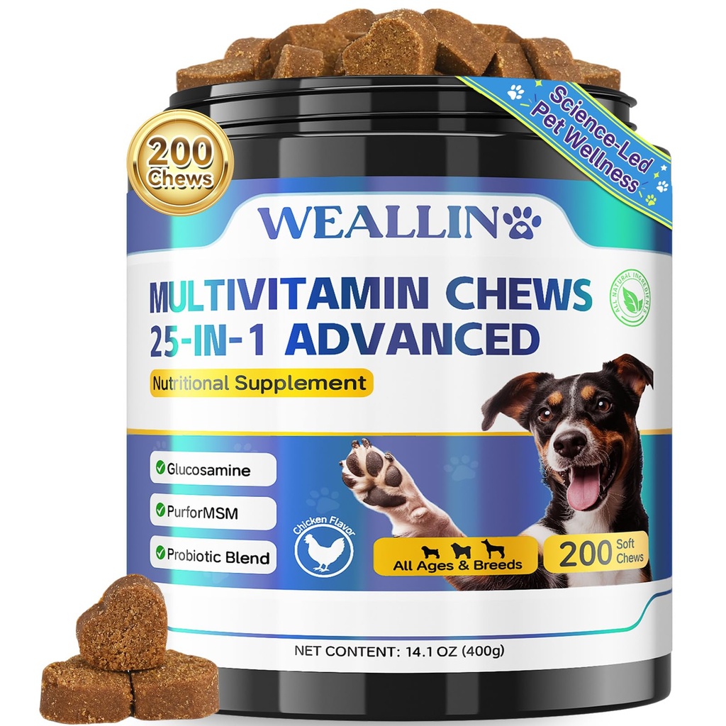 Hondenvitaminen - 25-in-1 Hondenvitaminen en -supplementen Multivitaminen met Glucosamine Probiotica Omega-3 Puppy Multivitamine Kauwbaar voor jas, hart, HIPS & gewrichten, spijsvertering & immuunsysteem 200 st