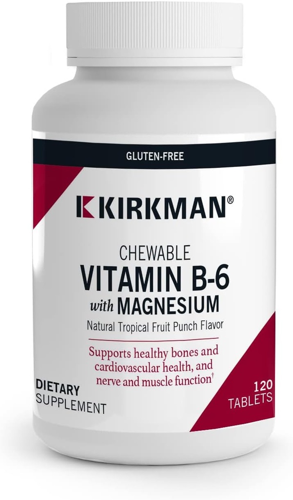 Kirkman - Vitamin B6 with Magnesium - 120 Tablets - Potent Vitamin B6 & Magnesium Supplementation - Chewable Wafer - Hypoallergenic