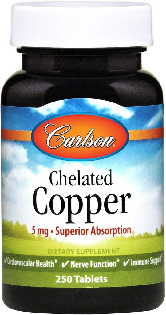 Carlson - Chelated Copper, 5 mg, Superior Absorptie, Circulatie Gezondheid, Zenuwfunctie & Immuun Ondersteuning, 250 tabletten