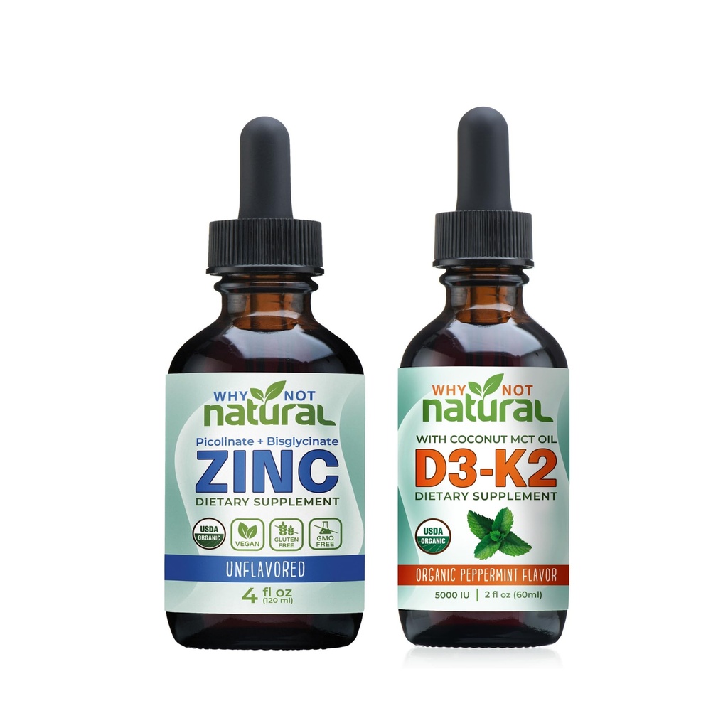 Biologische vloeibare zink en vitamine D3K2 druppels