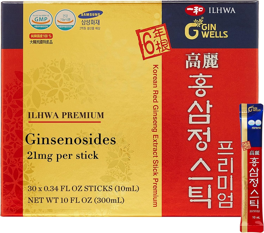 ILHWA Premium Korean Red Ginseng Extract Sticks (0,34fl oz X 30 Sticks) - voor Immuniteit. Ginsenoside 21 mg per portie