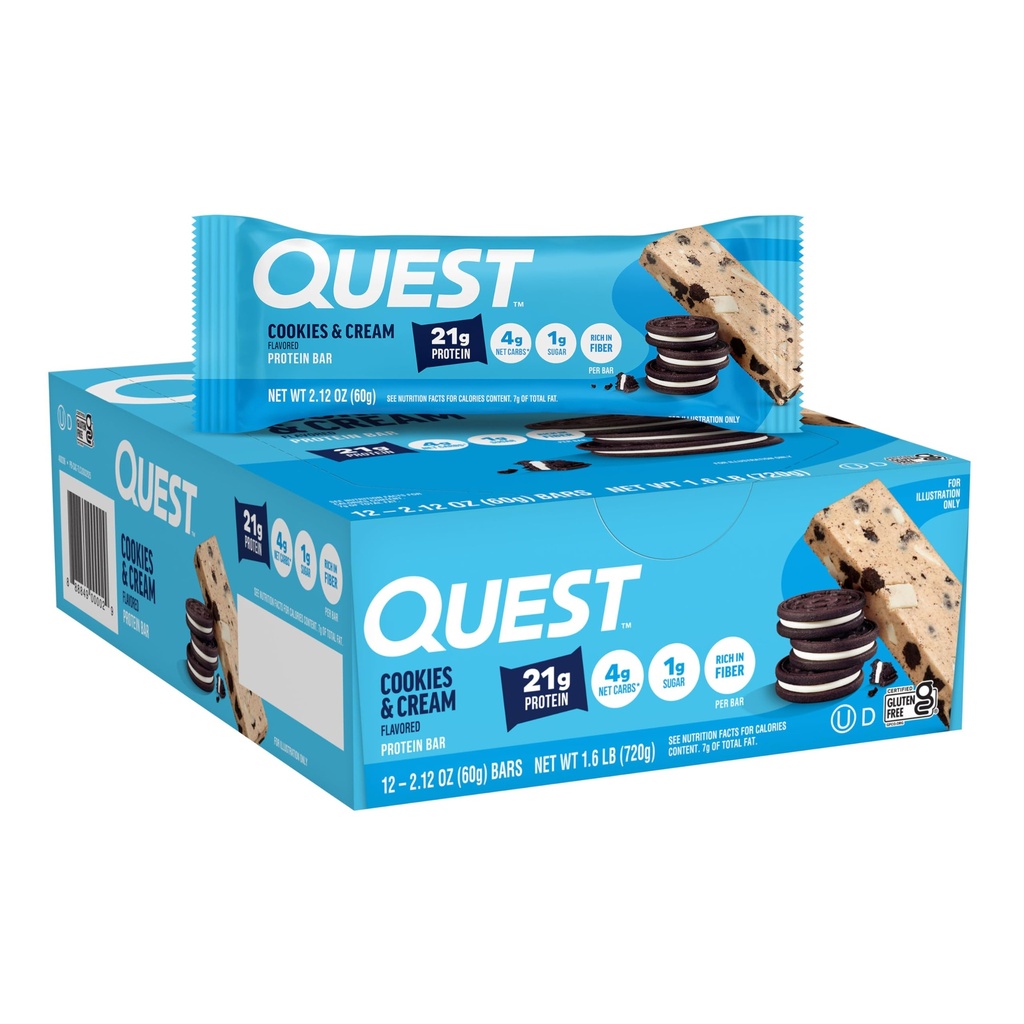 Quest Nutrition Cookies & Cream Protein Bars, 21g Proteïne, 1g Suiker, 4g Net Carb, Glutenvrij, Keto vriendelijk, 12 Tellen