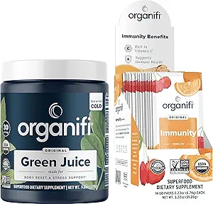 Organifi Green Juice Superfood Powder (30 porties) en Immunity Drink Mix (14 verpakkingen) Vitamine C, Vitamine D, Zink, Detox Reiniging, Stress Relief en Immunity Ondersteuning - Glutenvrij, Veganistisch, Whole Food