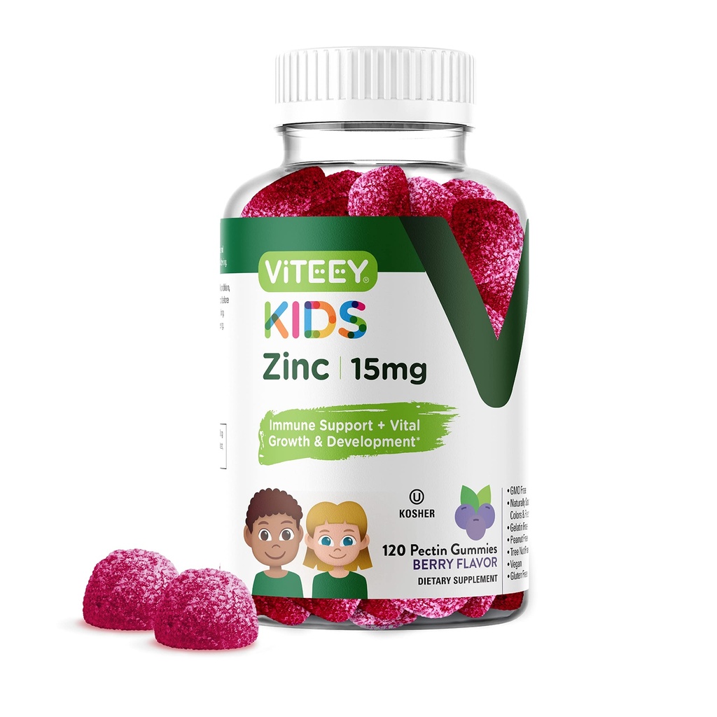 Viteey Zink voor kinderen Gummies 15mg - Immune Ondersteuning voor kinderen & tieners - Krachtige natuurlijke antioxidant, Kids Zink Vitamine Supplement - Veganistisch, Gelatine Vrij, Glutenvrij - Smakelijk Kauwbare Berry Flavor Gummy
