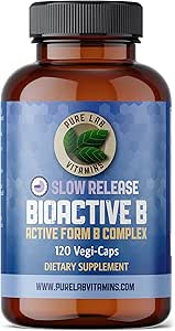 Pure Lab Vitaminen Bioactive B Complex - 120 Vegan Caps Slow Release Formula (B1, B2, B3, B5, B6, B7, B9, B12) - 60 Days Supply, Gluten & Sugar Free Made in Canada