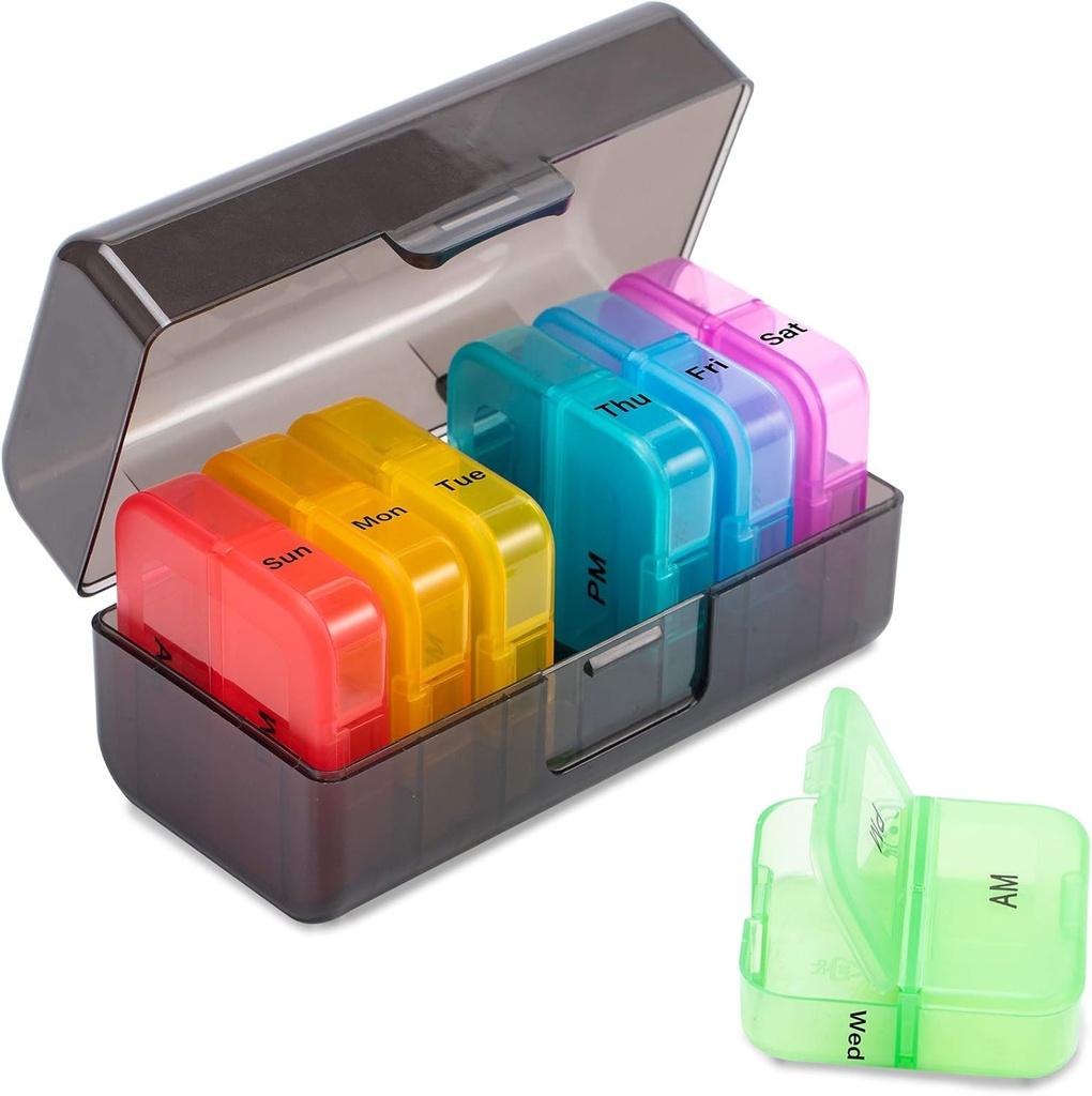 Zoksi Weekly Pill Organizer 2 keer per dag, Black 7 Day Am Pm Pill Box, Daily Am Pm Pill Organizer 7 Day, Portable Vitamin Pill Case, Weekly Pill Box voor Visolie, Vitamine, Supplement