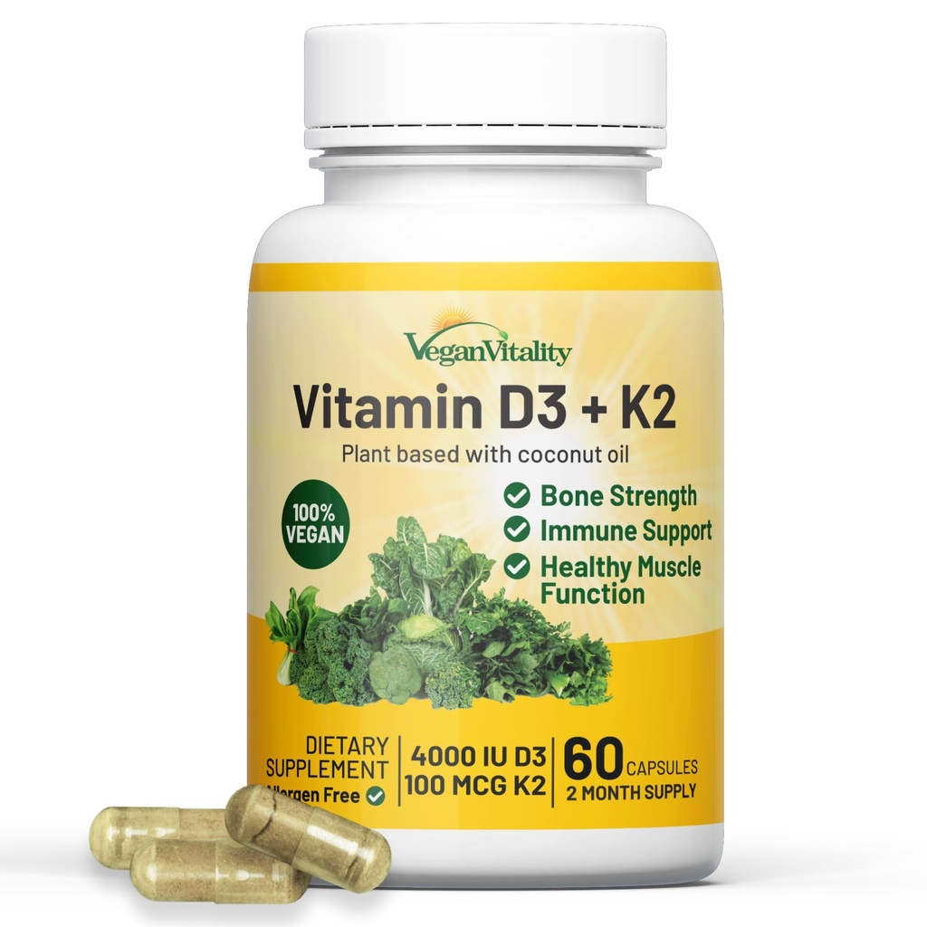 Vegan Vitality Vitamine D3 K2 4000IE (100mcg) met kokosolie, 100% plantaardige Vegan Vitamin D voor veganistisch en vegetarisch - 60 capsules