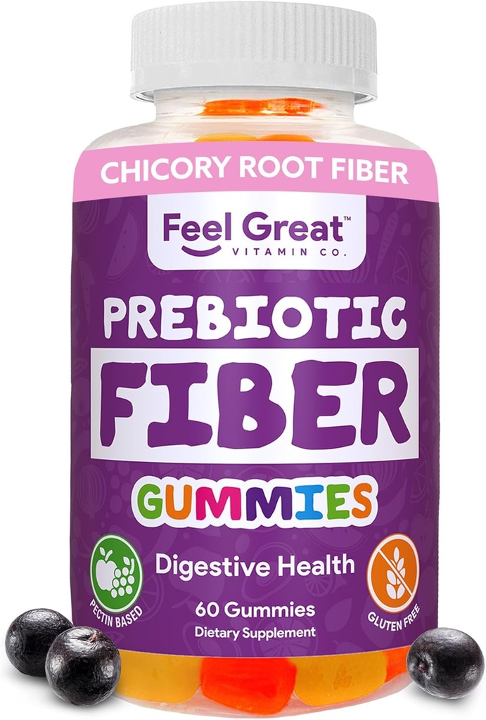 Prebiotic Fiber Gummies by Feel Great Vitamin Co (60 Gummies) | Helps Improve Digestive Health, Restore Natural Gut Flora, and Support Overall Health & Immunity* | Vegetarian & Vegan Friendly Chew