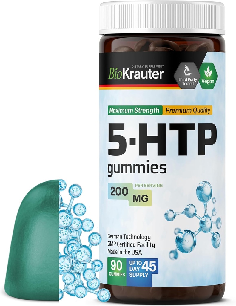 BIO KRAUTER 5 HTP Supplement Gummies - 200 mg sterkte - 90 Vegan Kauwen - Ontspanning Ondersteuning 5HTP Plus L Tryptofaan Supplement - Pectin Formula