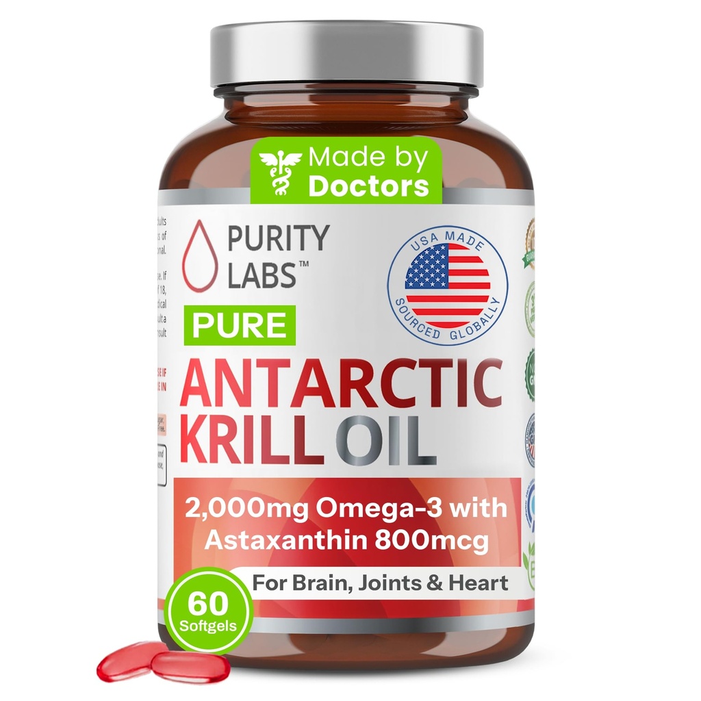Zuiverheid Labs Antarctische Krillolie 2000mg Omega-3 met Astaxanthine 800mcg Supplementen ter ondersteuning van het geheugen- Rijk aan Omega 3, vetzuren, DHA, EPA & Fosfolipiden - 60 Softgels