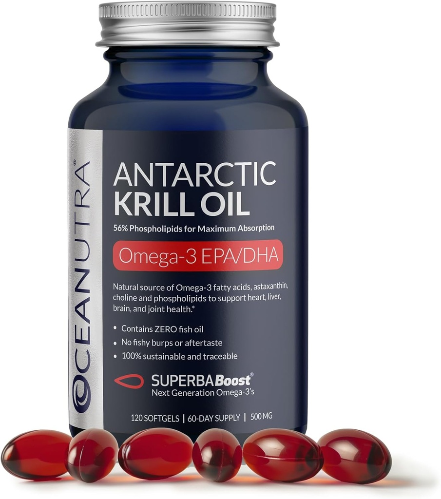 Wild Caught Antarctic Krill Oil 500mg Softgels, SuperbaBoost Omega 3 Supplement, EPA & DHA, Astaxanthine, Choline, 56% Fosfolipiden, Sustainable, No Fish Oil, Vanille Flavor (60-Day Supply)