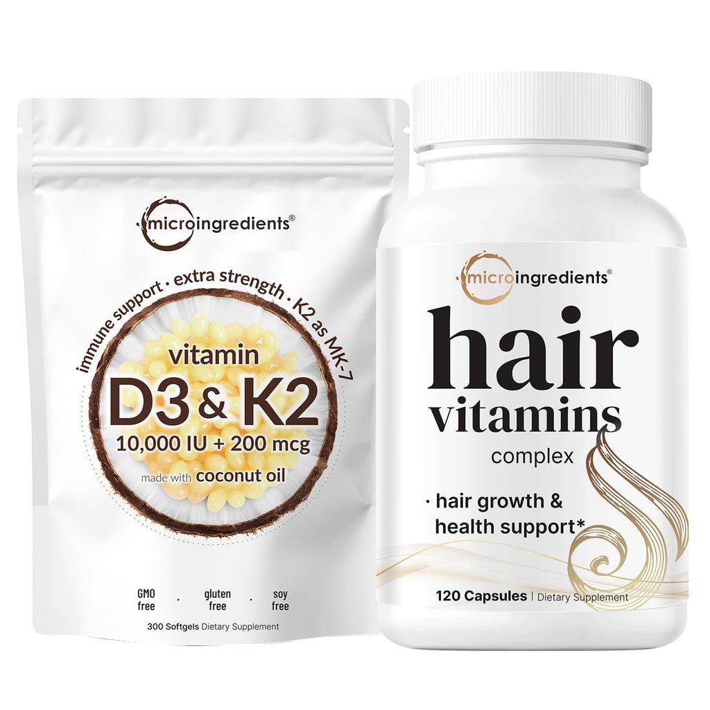 Micro Ingrediënten Vitamine D3 10.000iu + K2 200mcg Kokosolie Softgels & Hair Vitaminen Complexe Capsules Bundel 2 Pack Essentiële Sunshine Vitaminen 