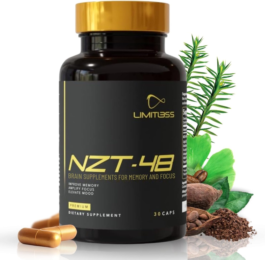 NZT-48 Brain Booster | Nootropic Brain Supplements for Memory and Focus | Premium Natural Energy Supplement with Caffeine, Phosphatidylserine, Vitamins B6 & B12, Ashwagandha | 90 Servings