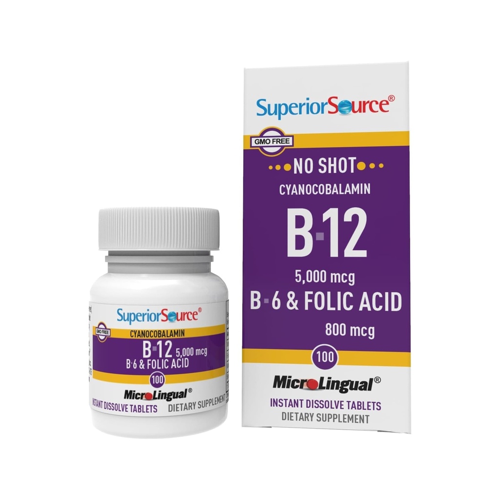 Superior Source No Shot Vitamin B-12 Cyanocobalamin 5000 mcg, B-6, Folic Acid 800 mcg - Support Brain & Heart Health - Aids Natural Energy Levels - 100 Sublingual Dissolving Tablets