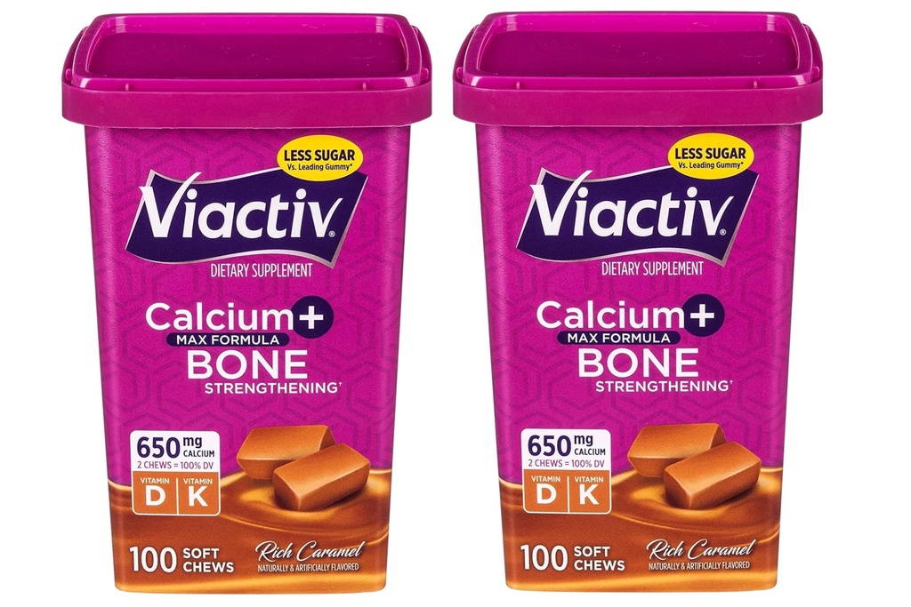 Viactiv Max Formule Calcium + Vitamine D3 Supplement voor Bone Health, Rich Caramel, 100 Zachte Kauwen - 2 Pack