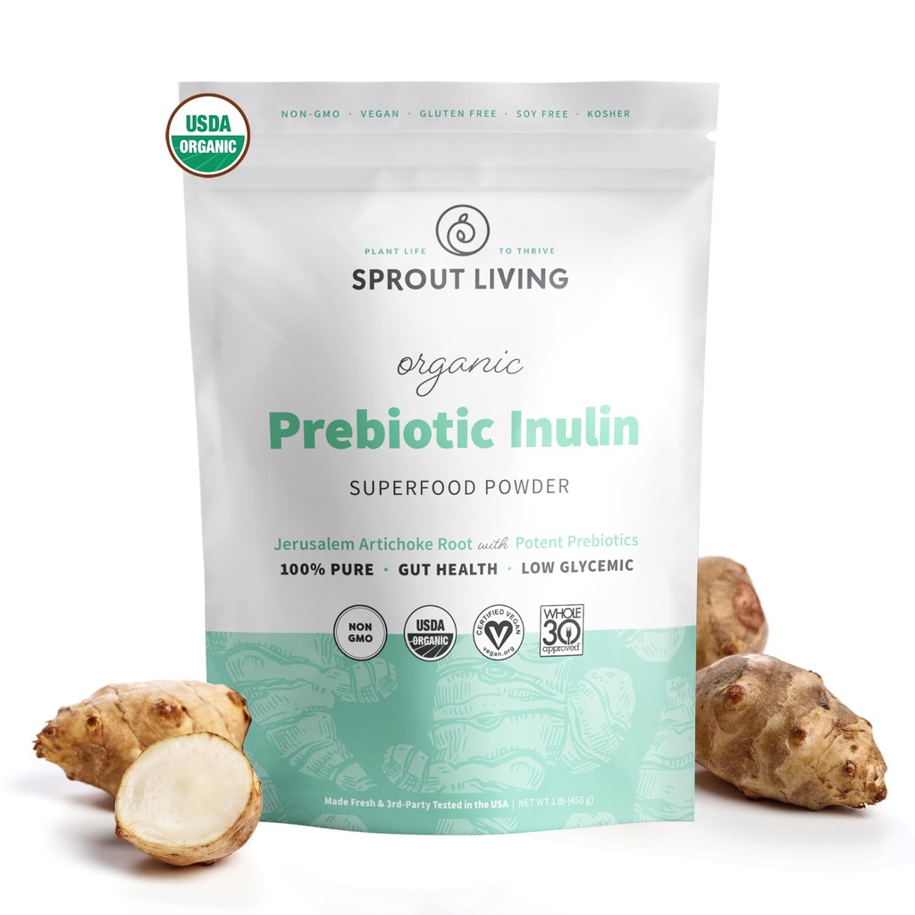 Organische Inuline met FOS Prebiotic Powder, Oplosbare Fiber voor Leaky Gut, Opgeblazen, Digestie, Feed Friendly Bacteria (Probiotica), 1 Scoop Daily, 1 lb (90 Servers)