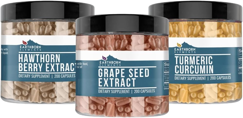 Earthborn Elements Grape Seed, Hawthorn Berry, & Turmeric Curcumin Capsule Bundle (200 capsules elk), Pure & Onverdund, Geen additieven