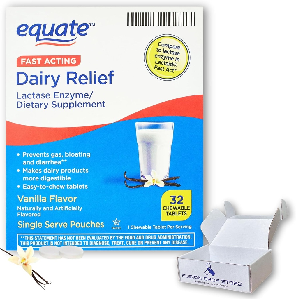 Dairy Pills for Lactose Intolerance - Equate Fast Acting Relief Vanilla Flavor, 32 chewable Tablets, Lactaid Chewables, Lactase Enzyme (Pack of 1), Boxed by Fusion Shop Store