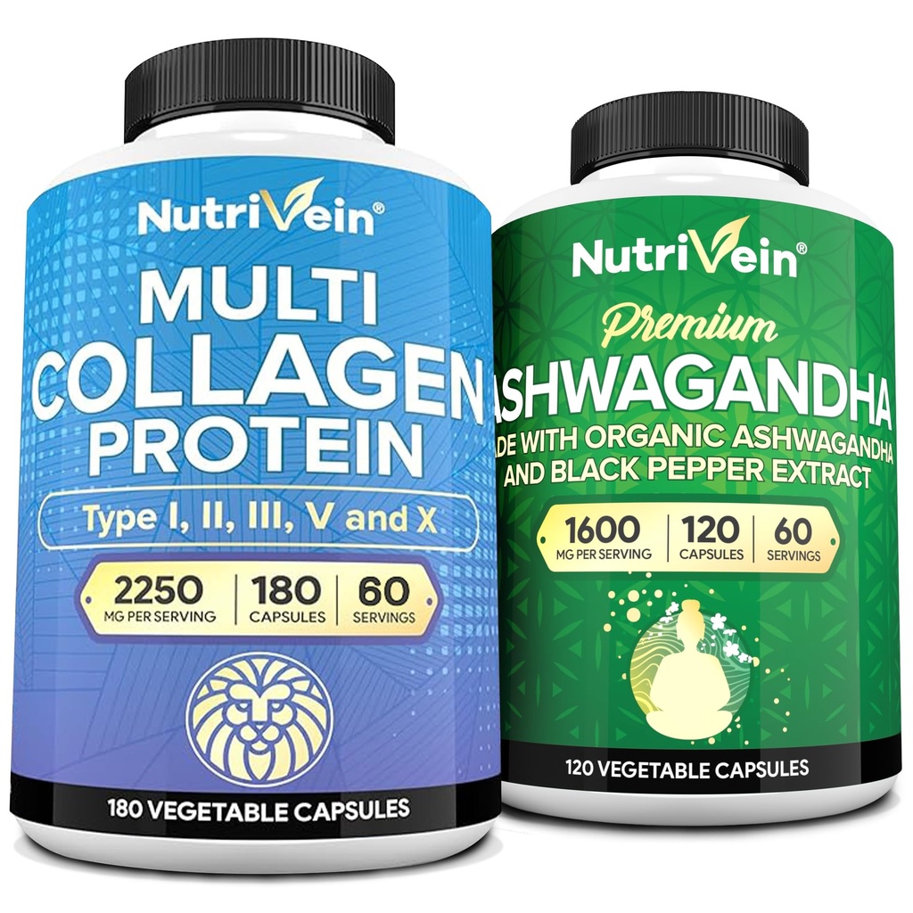 Nutrivein Premium Multi Collageen Capsules & Ashwagandha Supplementen bundel: Hoge Absorptie Ashwagandha Wortel & Multi Collageen Peptides Capsules voor lichaam en geest