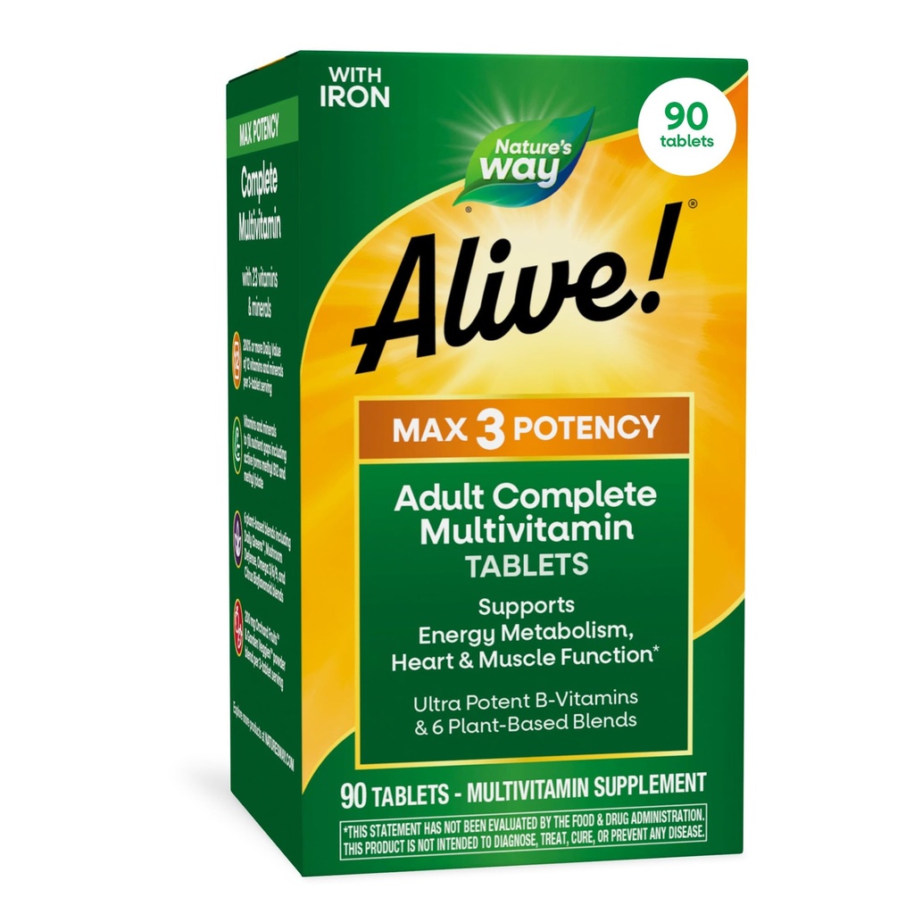 Nature's Way Alive! Max3 Potentie Dagelijkse Multivitamine, Gemethyleerde B12 en Folaat, Ultra Potentie B-vitaminen ter ondersteuning van het energiemetabolisme*, 90 tabletten