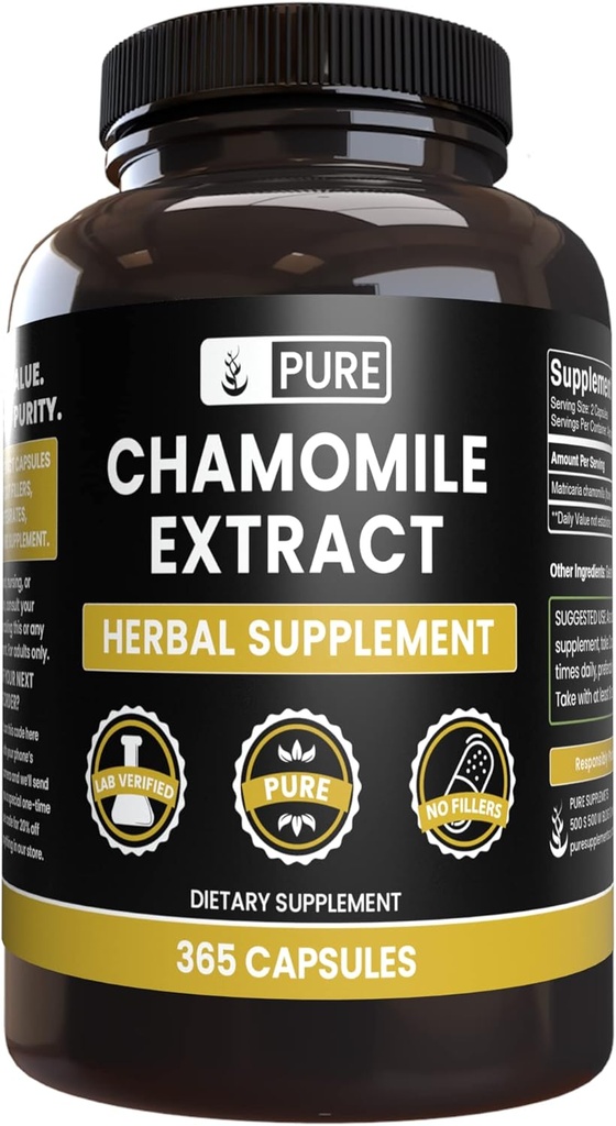 PURE ORIGINEEL INGREDIËNTEN Kamille Extract (365 capsules) Geen Magnesium of rijstvullers, altijd zuiver, lab geverifieerd