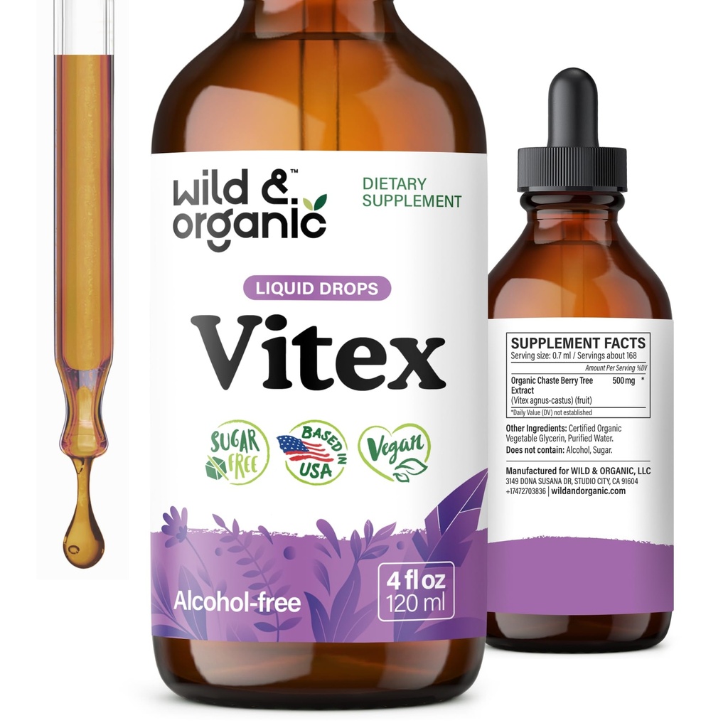 Wild & Organic Vitex Tinctuur - Vitex Chasteberry Supplement for Women - Liquid Chaste Tree Berry Extract for Good Mood - Vegan, Sugar & Alcoholvrije Herb Drops - 4 fl oz