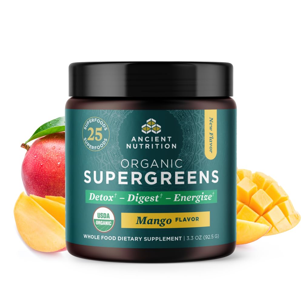Oude Voeding SuperGreens Poeder met Probiotica, Biologische Mango smaak Groenen, Gemaakt van echte groenten, groenten en kruiden, Digestieve en energie-ondersteuning, 12 porties, 3.3oz