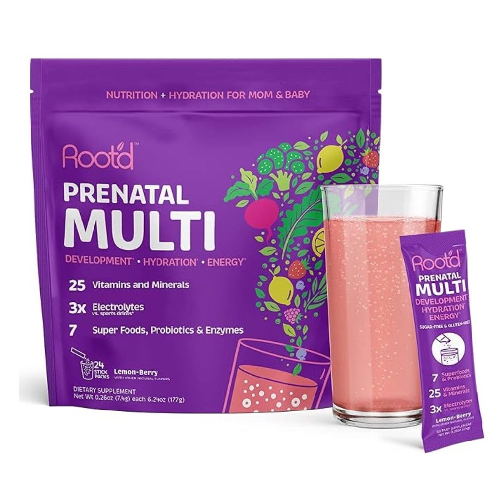 Root'd Prenatale Multivitamine Poeder met 3X-elektrolyten - 25 Vitaminen & Mineraal, Folaat, IJzer, Vitamine D3, 7 Superfoods & Probiotica, Suikervrije Vitaminen & Hydratatie 24 Vitamine Drinkmix Packets