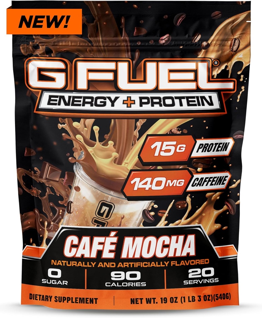 G Fuel Protein + Energy Drink Powder, Pre Workout Caffeine Mix for Gaming, Sugar Free Focus Amino, Vitamin + Antioxidants, 19oz (Cafe Mocha, 20 Servings)