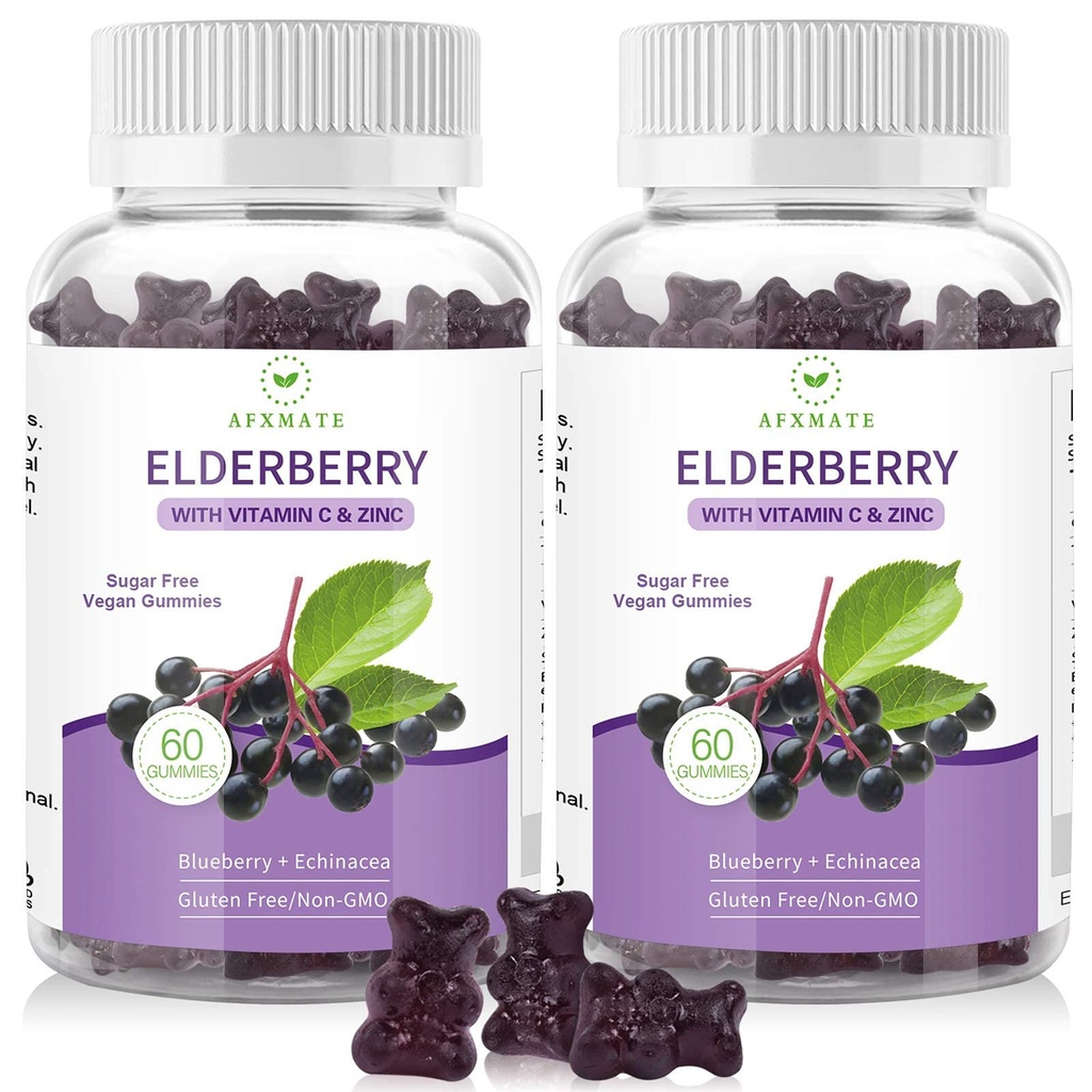 AFXMATE Sambucus Zwarte Vlierbes Gummy's met zink en vitamine C voor volwassenen Kinderen Immune Ondersteuning, Suikervrij 120 Tellingen