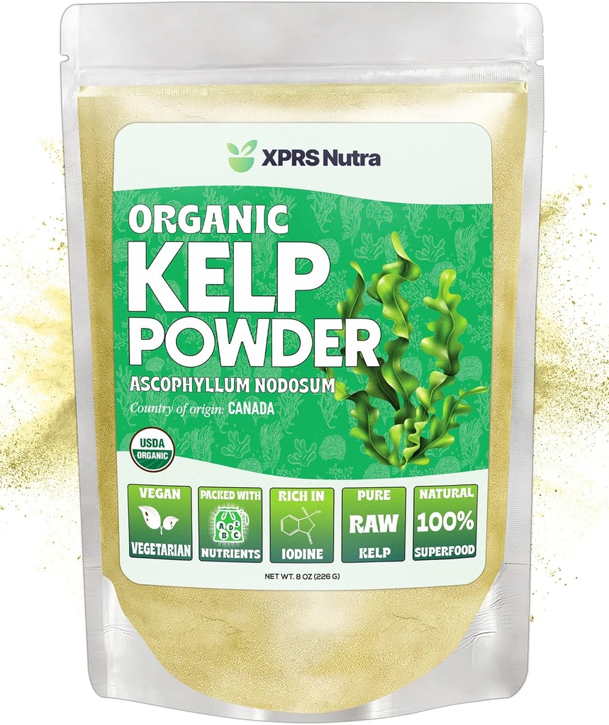 XPRS Nutra Organic Kelp Powder (Ascophyllum Nodosum) - Seaweed Powder Rijk aan jodium, Immune Vitaminen en Mineralen - Food Grade Sea Kelp Supplement Vegan Superfood for Skin Care (8 oz)