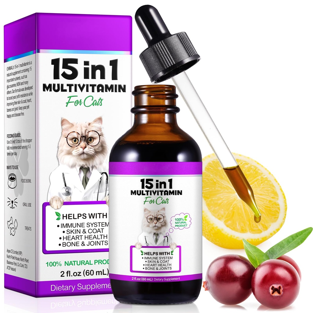 Cat Multivitamine,15 in 1 Cat Vitaminen Liquid Drops Supplementen voor de gezondheid van het hart, botten, gewrichts, huid & jas, blaas, immuunsysteem ondersteuning 60ml
