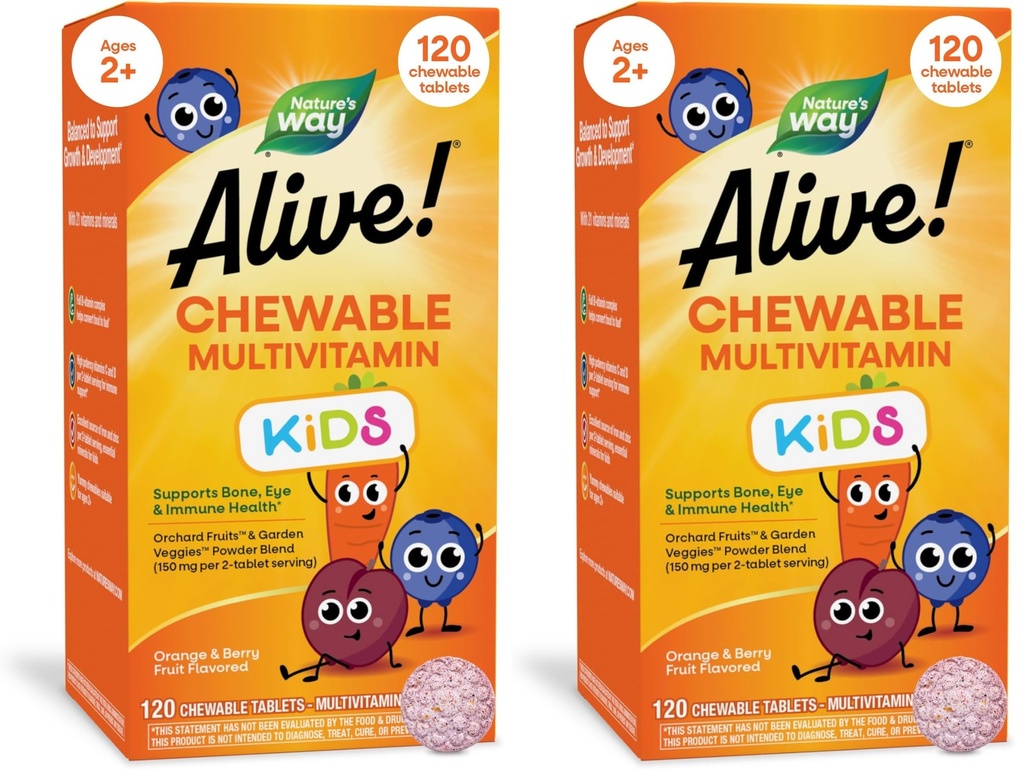 Nature's Way Alive! Kinderdagelijkse Kauwbare Multivitamine, Ondersteunt Bot, Oog, en Immune Health*, Oranje & Berry Fruit Smaak, Glutenvrij, 120 Kauwtabletten (Verpakking mei Vary) (Pack of 2)