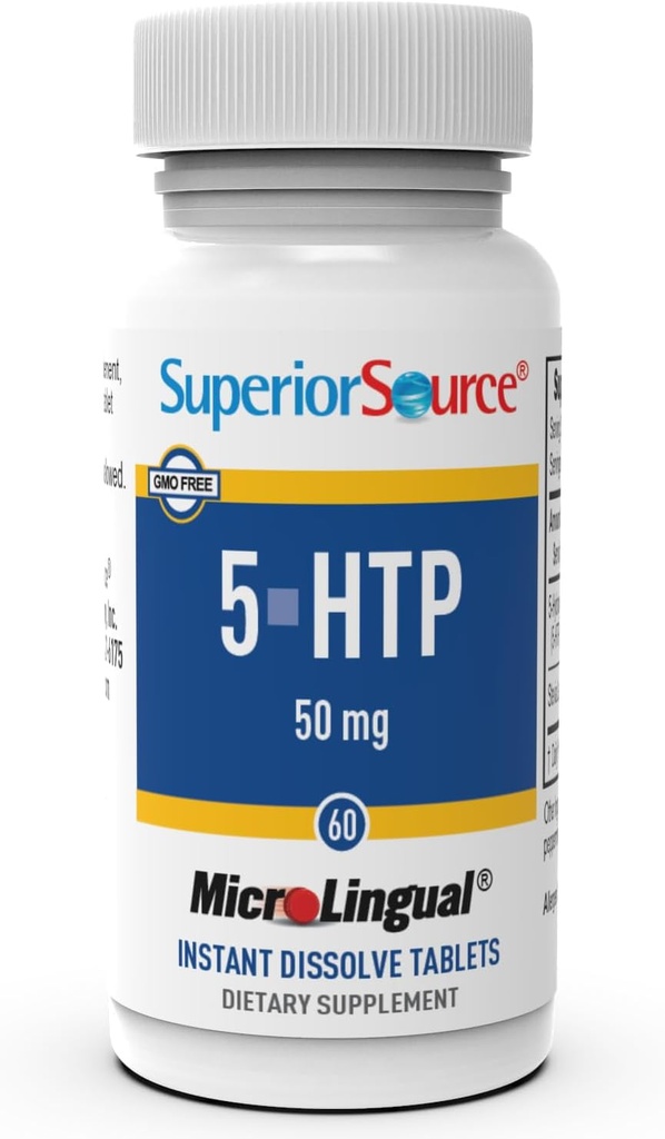 Superior Bron 5-HTP 50 mg - Natural Supplement Aids Rustvolle Slaap & Neurotransmitter functies - Brain Health & Function Support - 5-Hydroxytryptofaan supplement - 60 Instant Solution Tablets