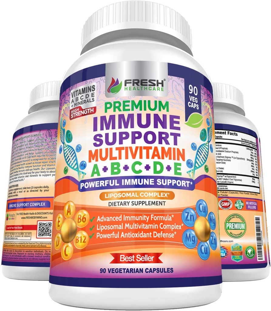 Immuunondersteuning Multivitamine voor mannen en vrouwen met vitamine A, B, C, D, E, B6, B12 - Zink, Magnesium en Koper met liposomaal complex voor verbeterde absorptie - Dagelijks Antioxidant Boost - 90 Vegan Caps