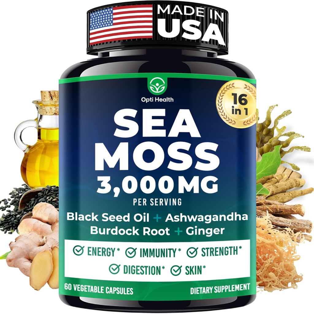 Sea Moss Black Seed Oil Ashwagandha Ginger - Advanced Irish Sea Moss Capsules All in One Supplement with Seamoss Black Seed Oil Ashwagandha Burdock Root Bladderwrack - Pillen voor energie, Immune, Gut