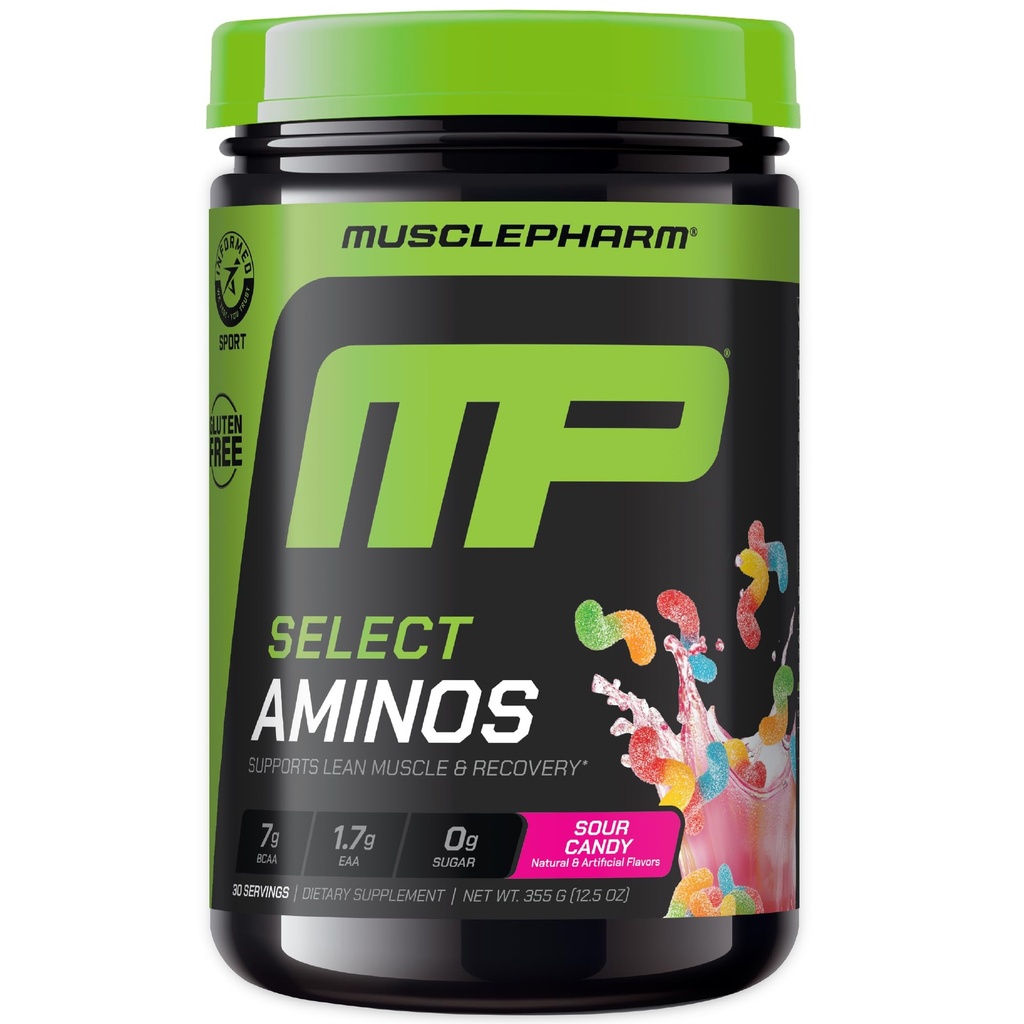 MusclePharm Selecteer Amino's EAA + BCAA's, Post Workout Essential Amino Acids Powder, Pre Workout Energy Supplement voor mannen en vrouwen met vertakte keten Aminozuren, 30 Servers (Sour Candy)